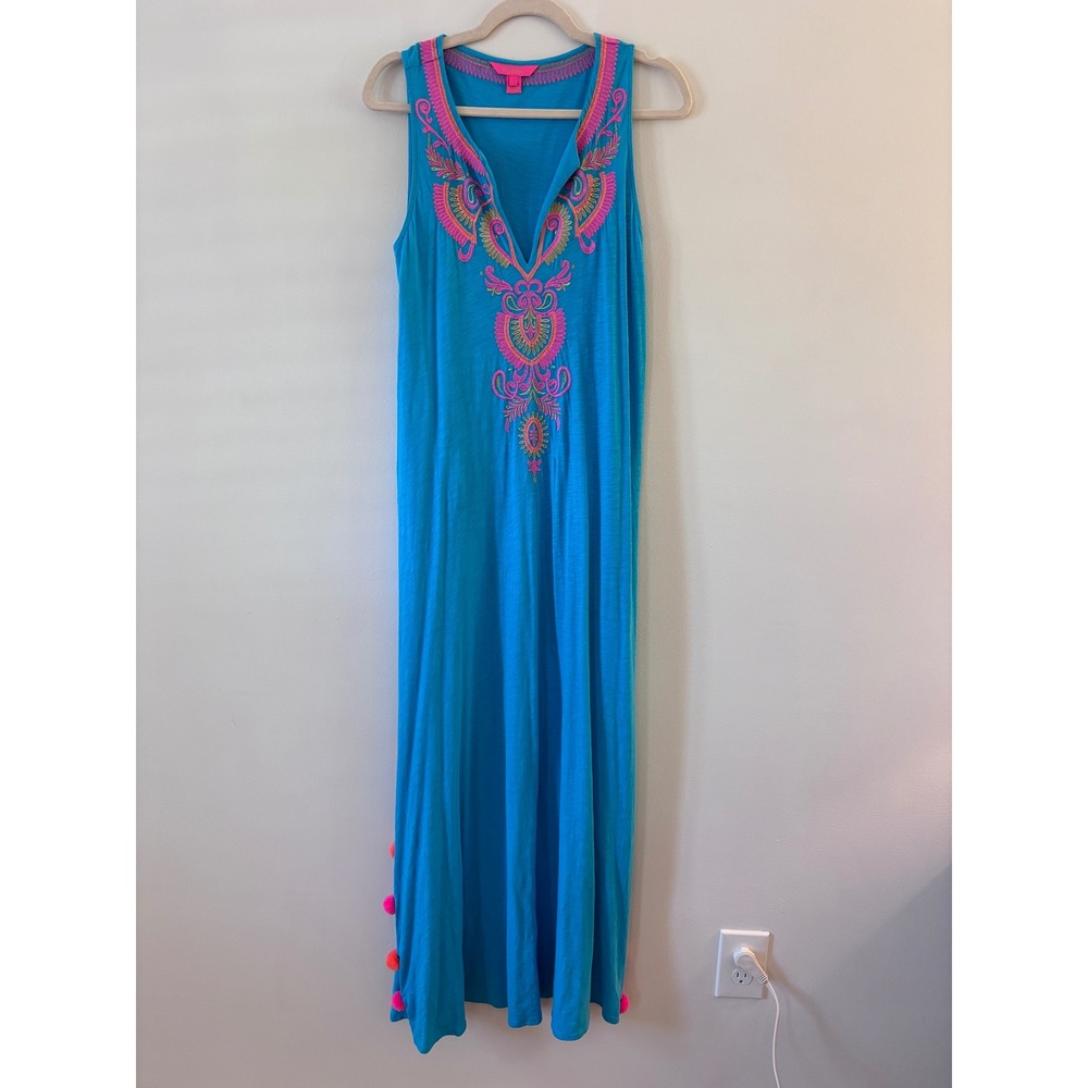 Lilly Pulitzer Blue Embroidered Pom Pom‎ Maxi Dress Sleeveless Cover Up Small - Picture 5 of 9